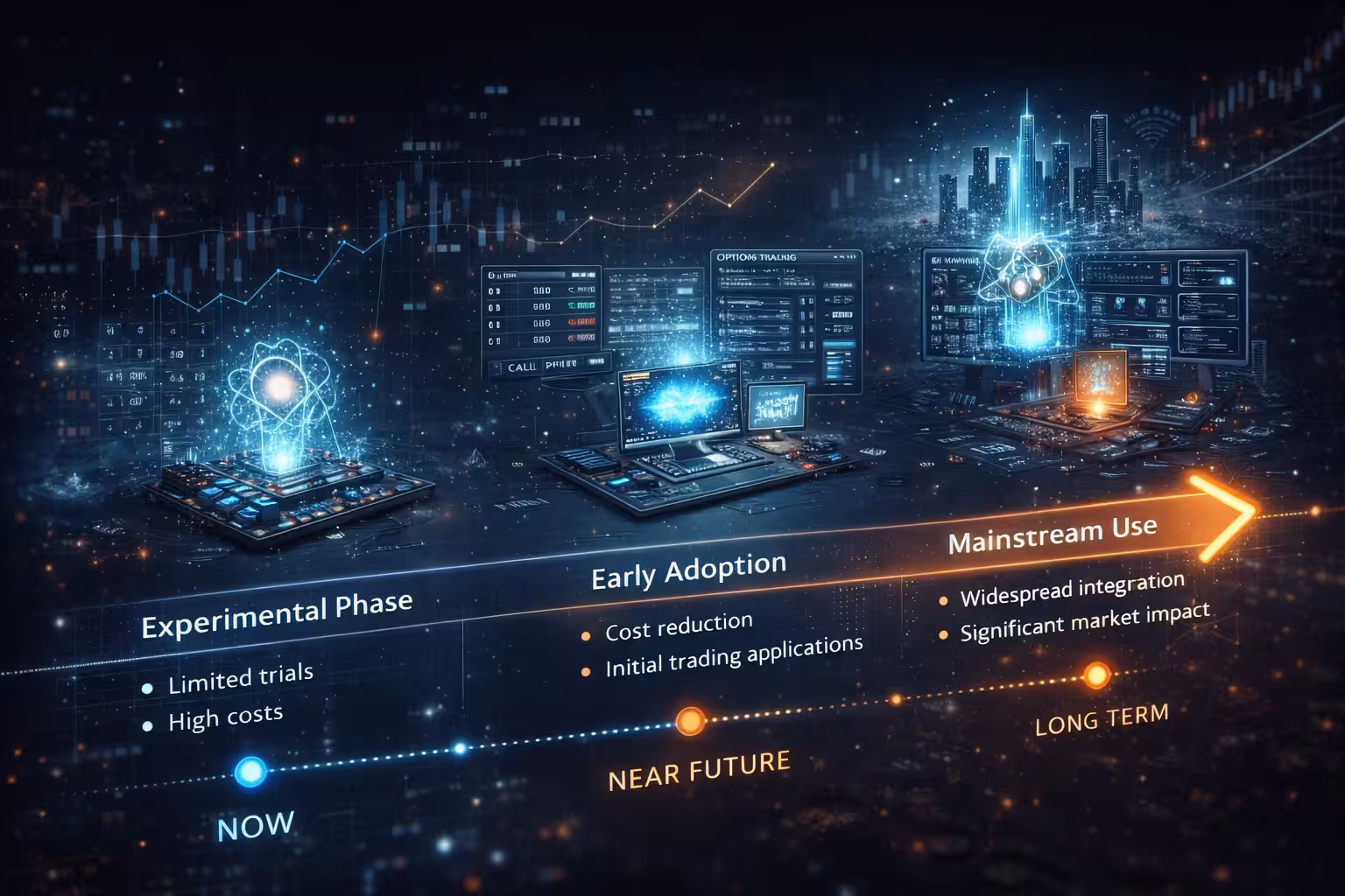 Timeline of quantum computing adoption in options trading from experimental phase to early adoption and future mainstream use.