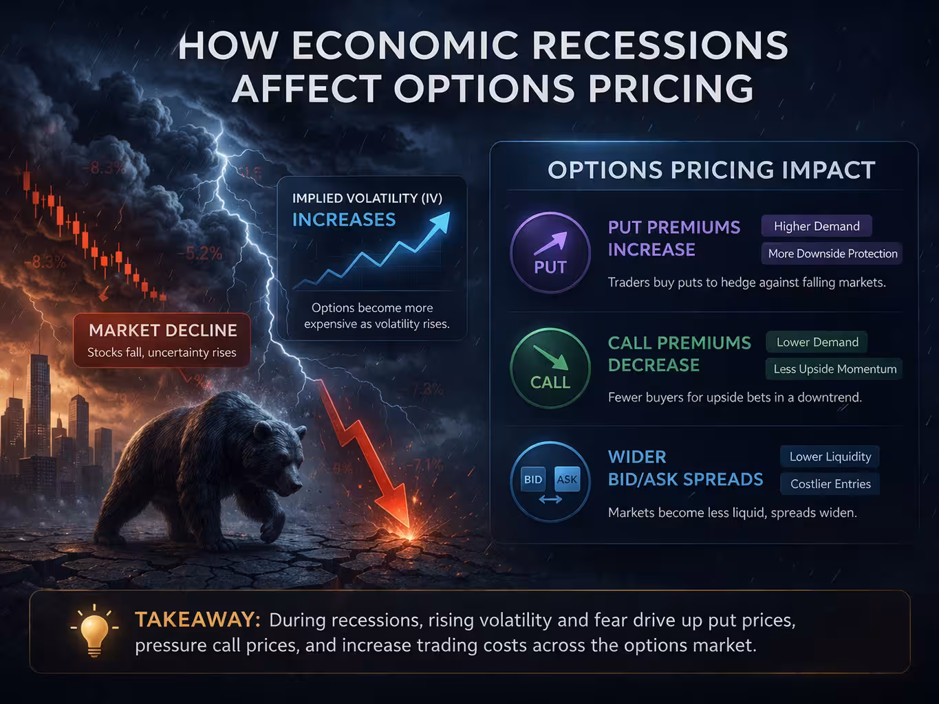 How economic recessions affect options pricing with rising implied volatility, increasing put premiums, decreasing call premiums, and wider bid-ask spreads.