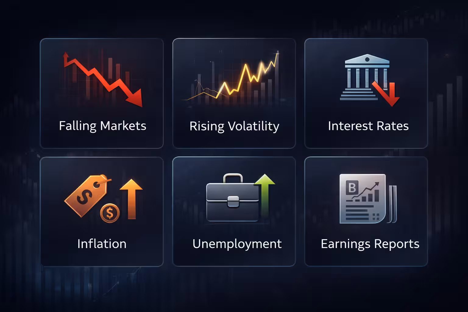 Key economic indicators to watch during a recession including falling markets, rising volatility, interest rates, inflation, unemployment, and earnings reports.