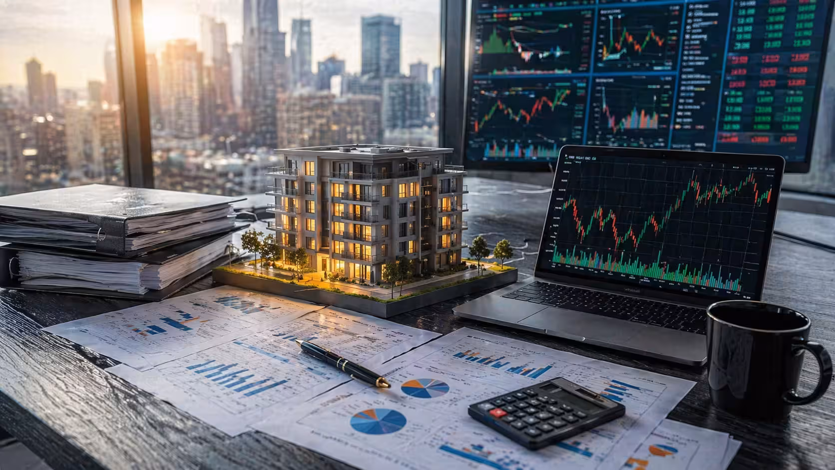 Real estate investment analysis workspace with property model, financial charts, and trading screens illustrating hedging a REIT portfolio with options.