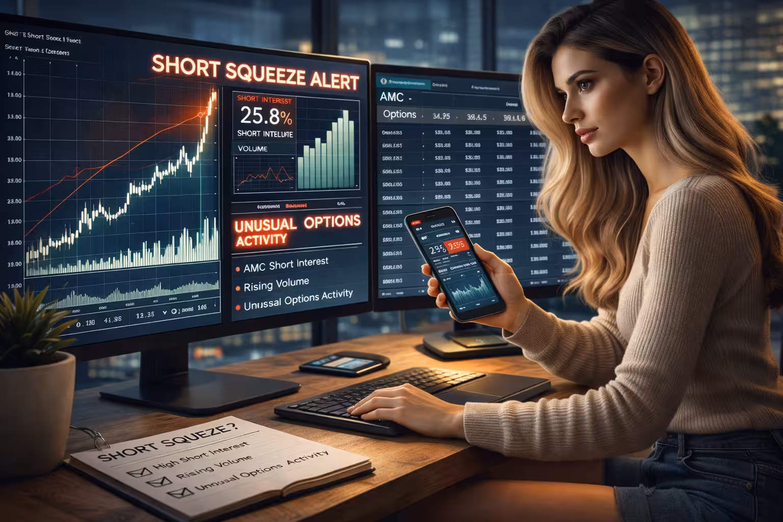 Short squeeze analysis setup with trader reviewing AMC stock chart, increasing volume, elevated short interest, and options market activity on trading screens.