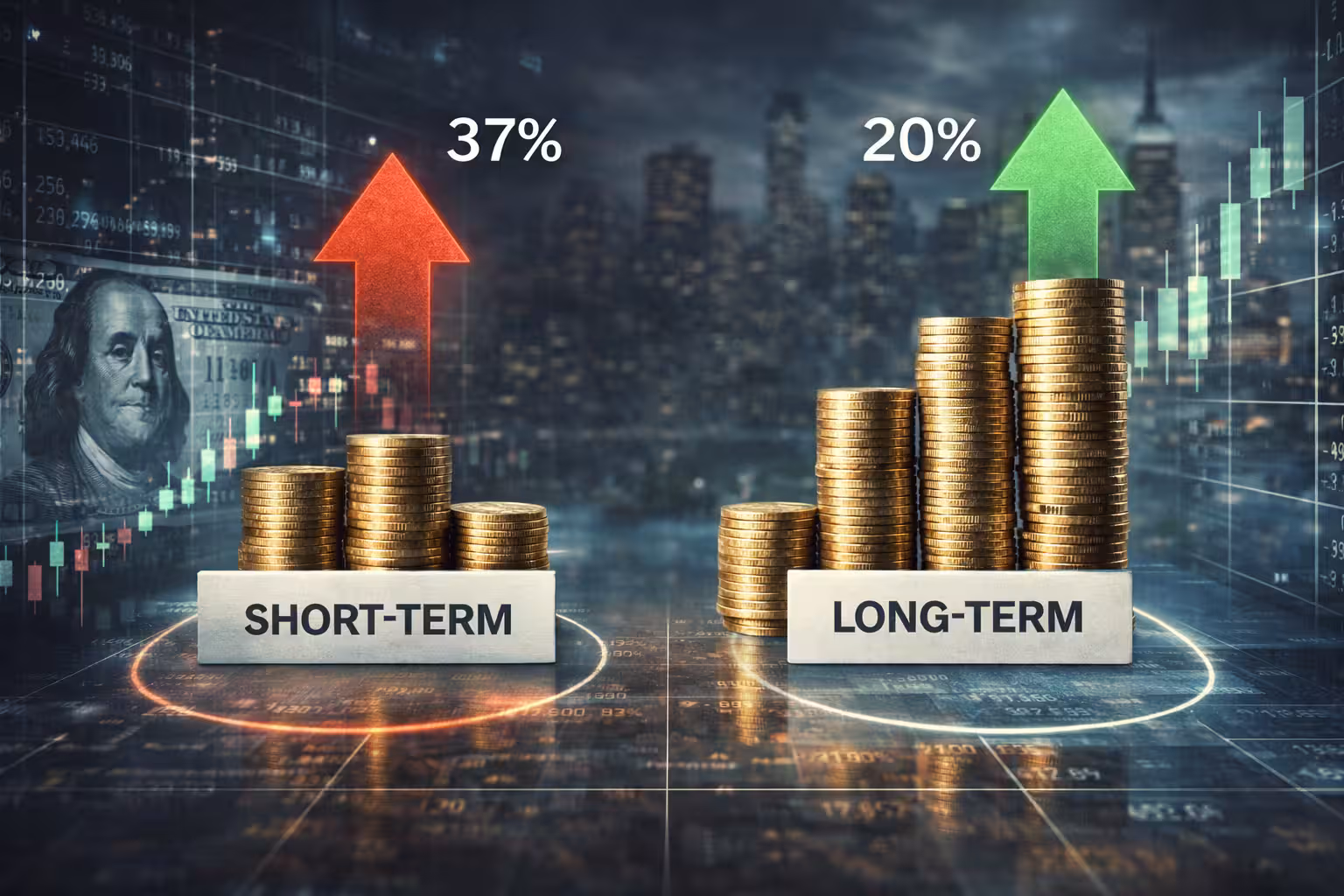 Comparison of short-term and long-term capital gains with stacked coins and arrows showing different tax rates for options trading profits.