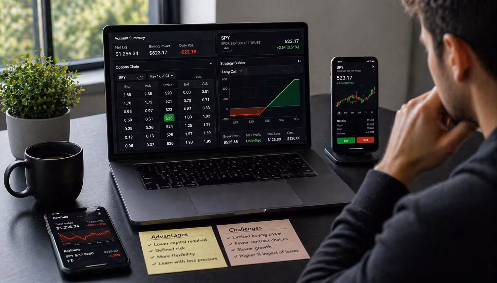 Modern trading workspace with laptop and smartphone displaying options trading platform, showing limited account balance and strategy chart to represent advantages and challenges of trading with a small account.