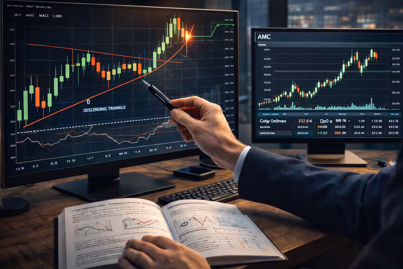 Short squeeze technical analysis showing breakout from descending triangle, rising price trend, volume increase, and key support and resistance levels.