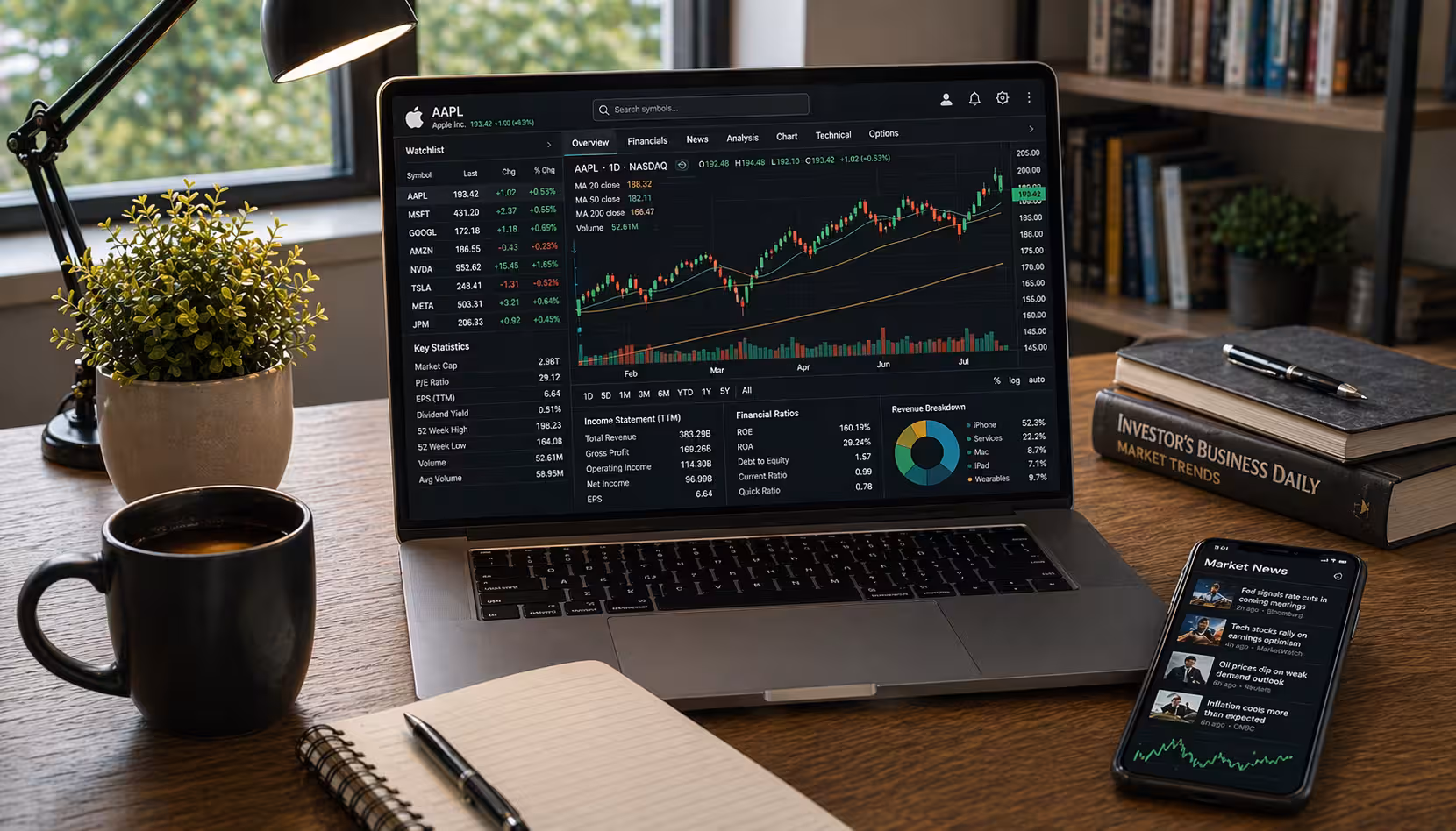 Clean workspace with laptop showing technical stock charts and financial data, plus smartphone with market news, representing low-cost tools for technical and fundamental analysis.