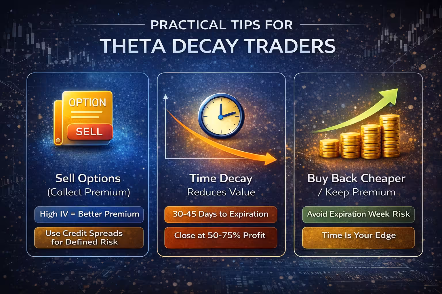 Theta decay trading tips infographic showing selling options, time decay reducing value, and buying back cheaper with profit strategies and risk management.