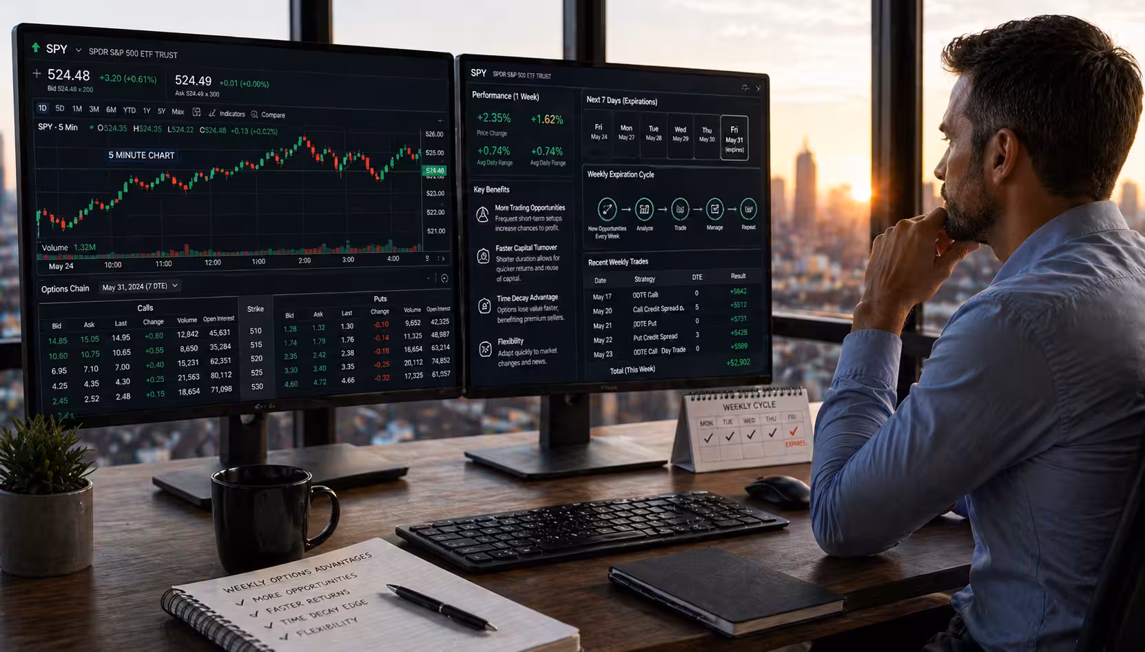 Trader analyzing weekly options on a dual-monitor setup showing short-term charts, upcoming expirations, and fast-moving market data in a modern office.