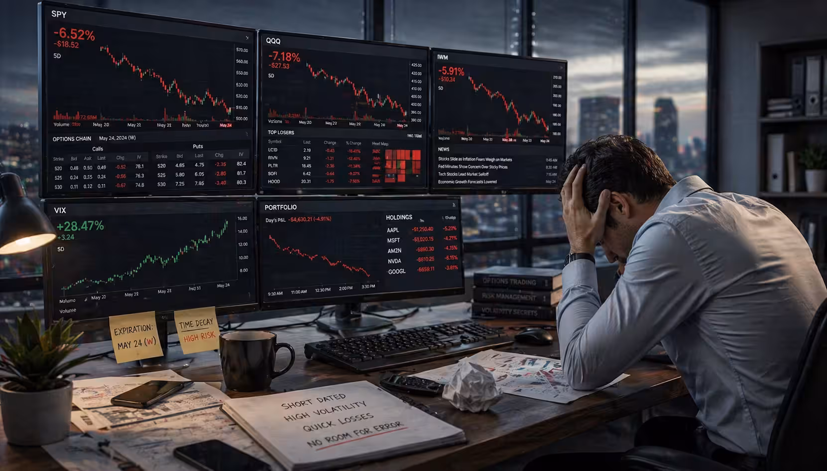 Stressed trader reviewing short-term options losses on multiple monitors showing sharp declines, high volatility, and rapid price movements in a realistic trading office.