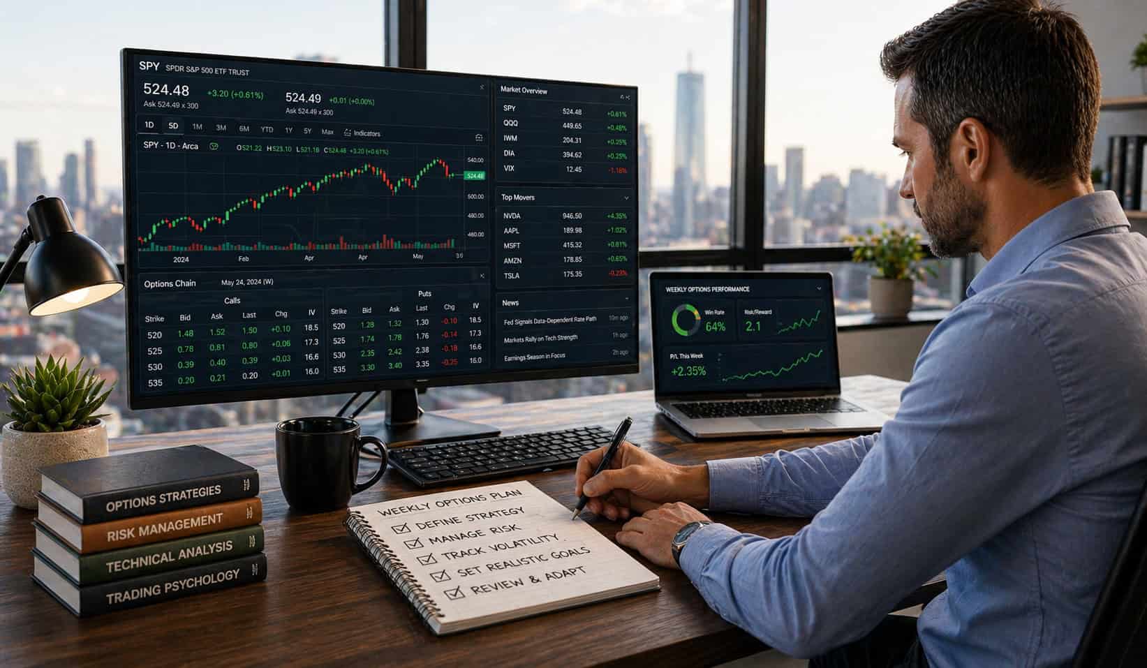Options trader planning a weekly trading strategy with a checklist while analyzing clear, realistic charts and options data on properly scaled monitors in a modern office.