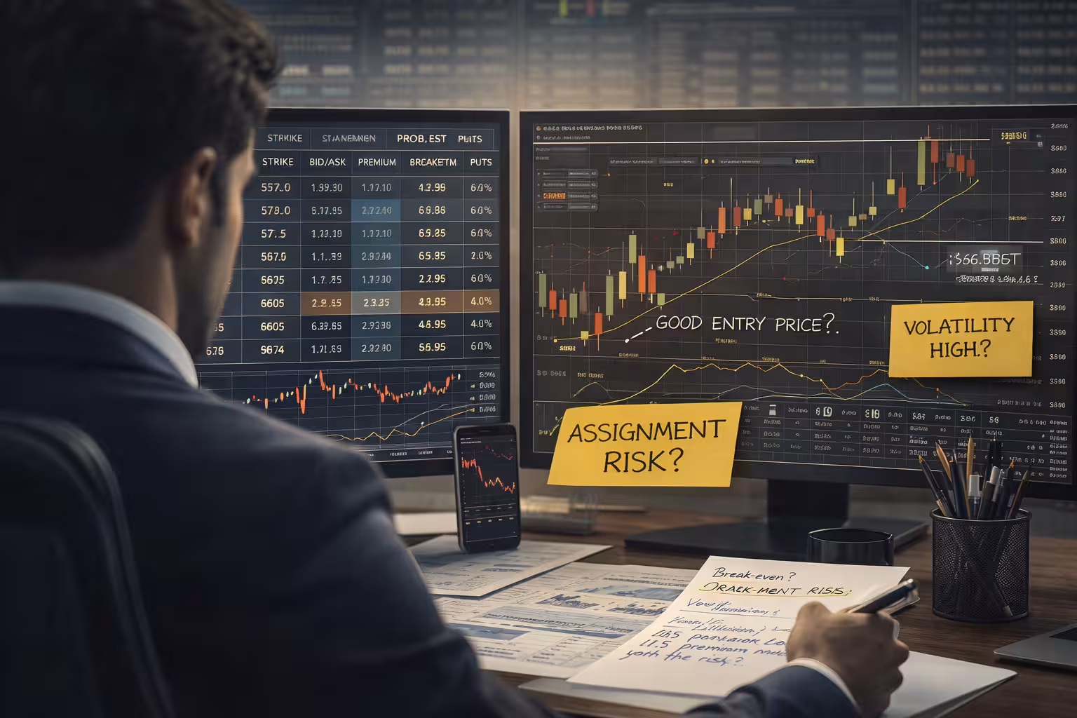 Options trader analyzing wheel strategy considerations including strike selection, assignment risk, volatility levels, and premium before initiating cash-secured puts.