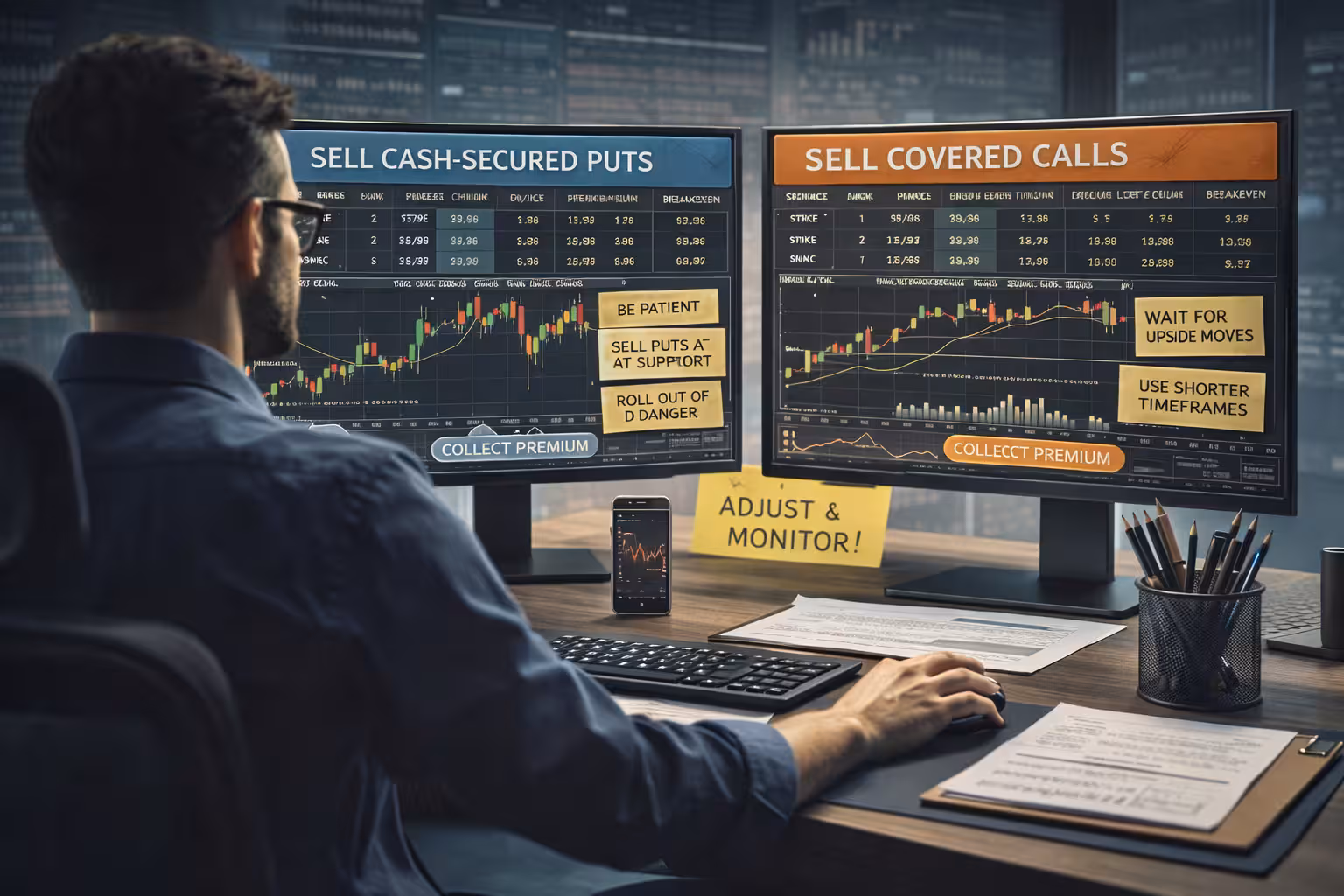 Options trader applying wheel strategy tips by selling puts at support, selling covered calls on strength, and adjusting positions based on market conditions.