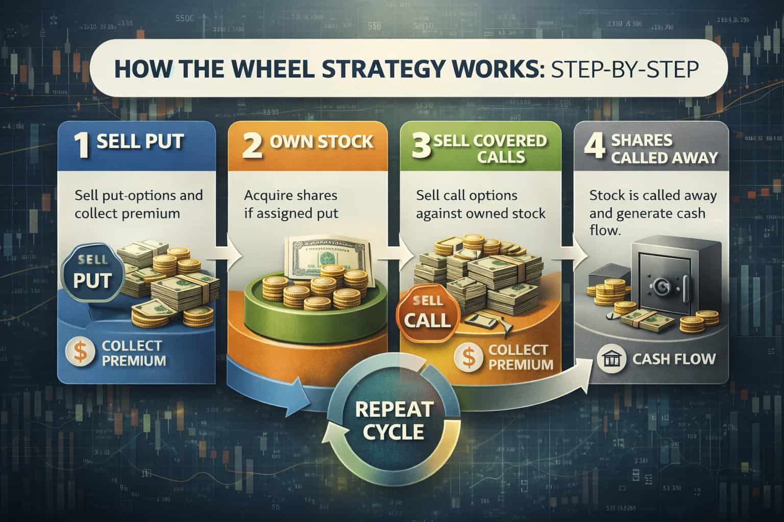 Wheel strategy process in options trading illustrating selling puts, acquiring shares, selling covered calls, and repeating the cycle for consistent premium income.