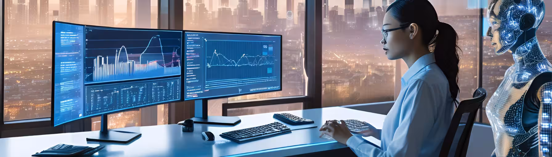 woman looking at options trading on computers with ai support